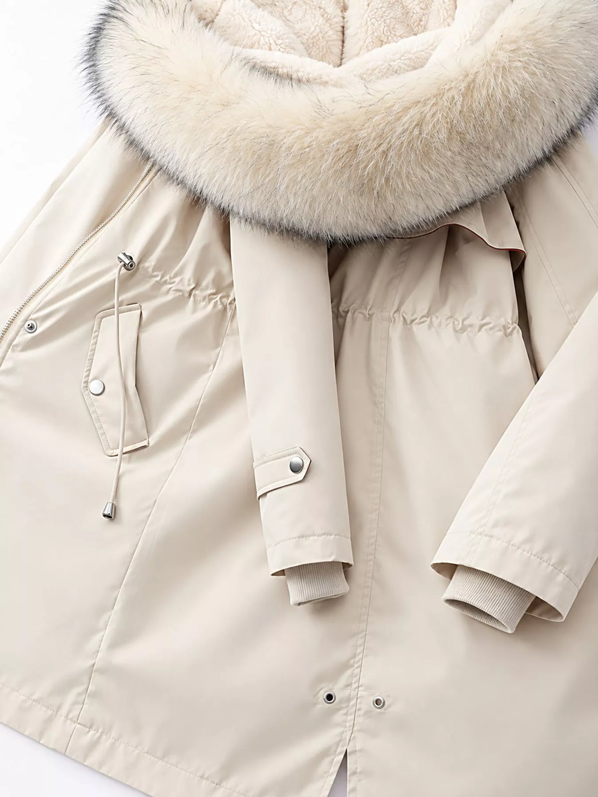 Detachable Longline Hooded Parka with Faux Fur Trim and Drawstring Waist