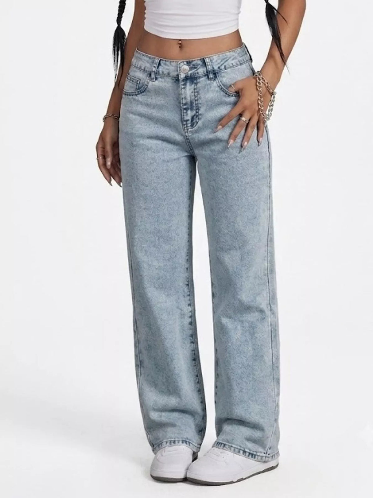 High-Waisted Acid Wash Straight Leg Jeans