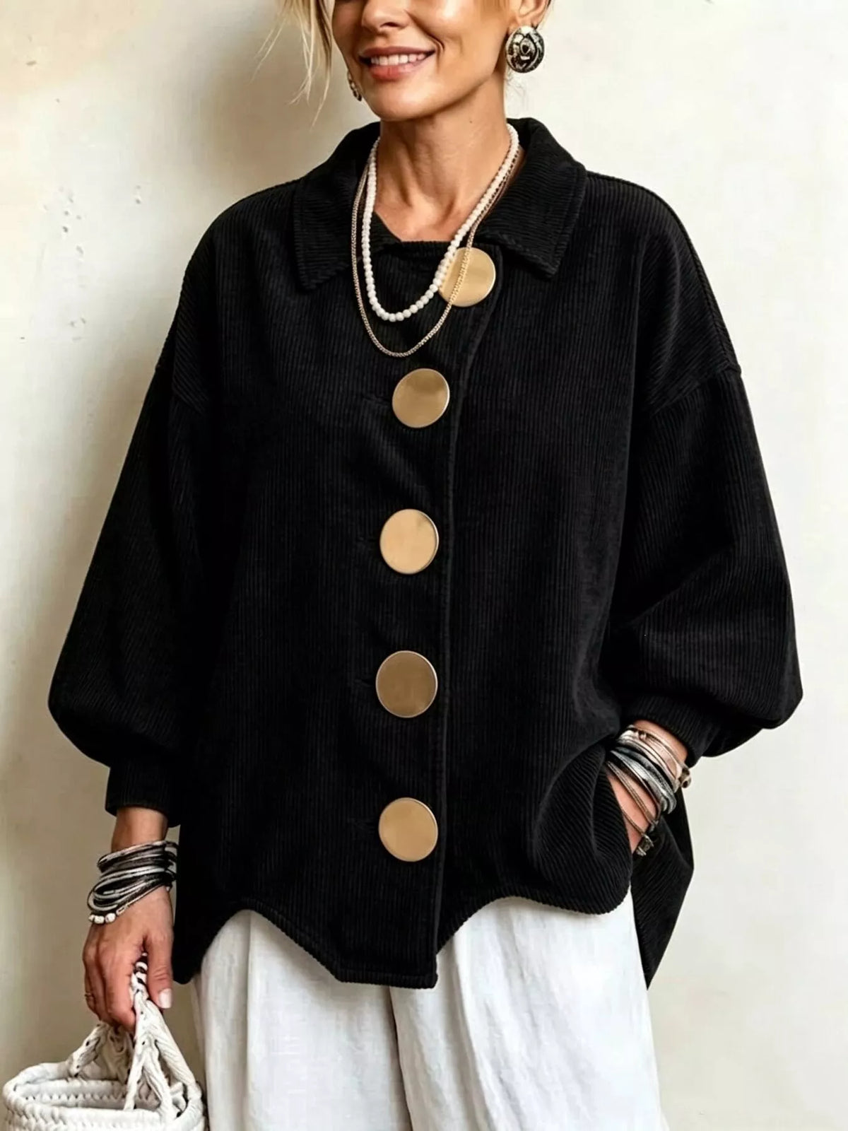 Full Size Corduroy Button-Down Jacket Plus Size