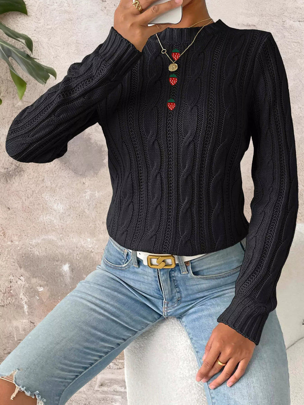 Strawberry Embellished Cable Knit Round Neck Sweater