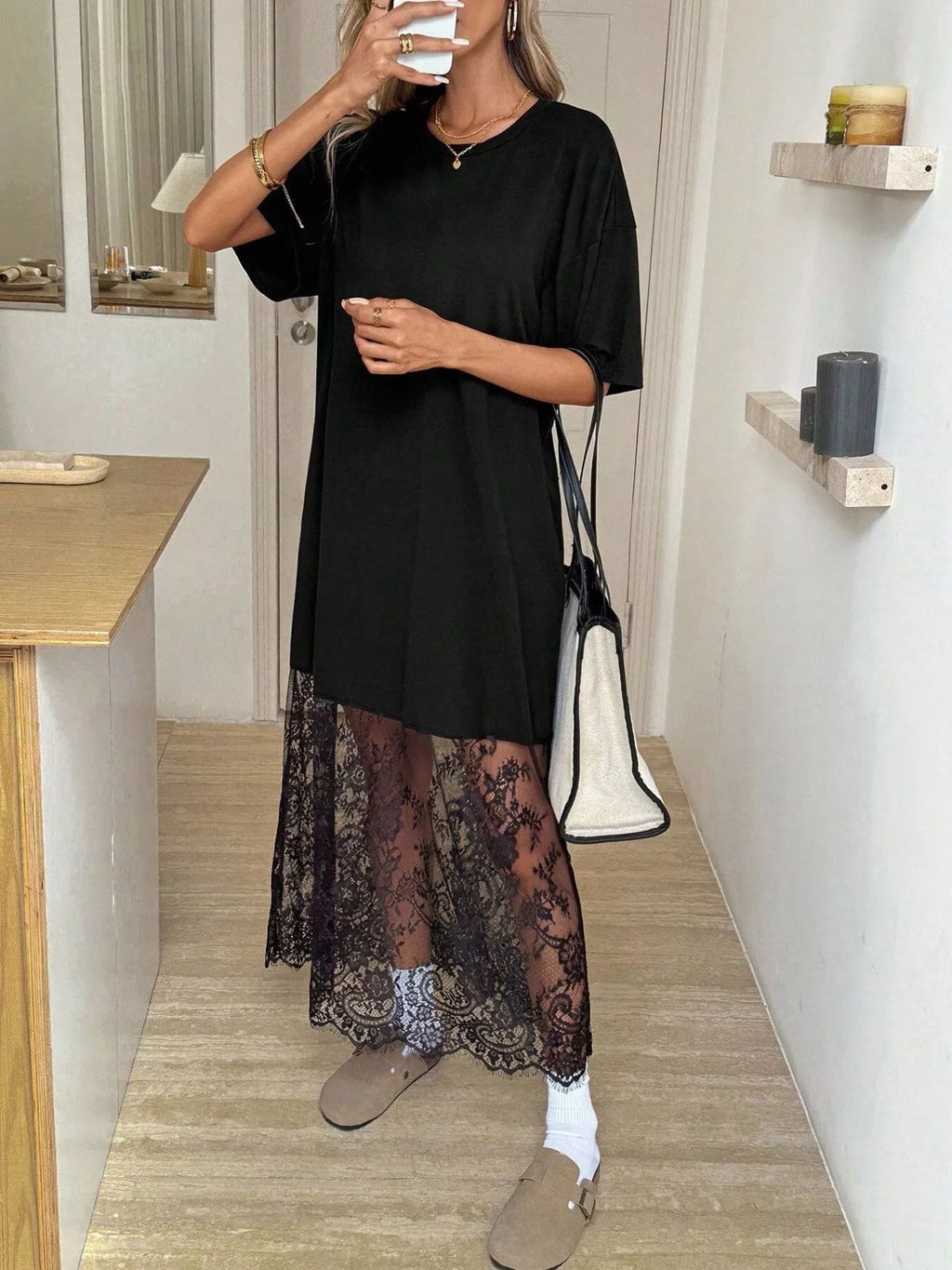 Floral Lace Hem Short Sleeve Tee Dress