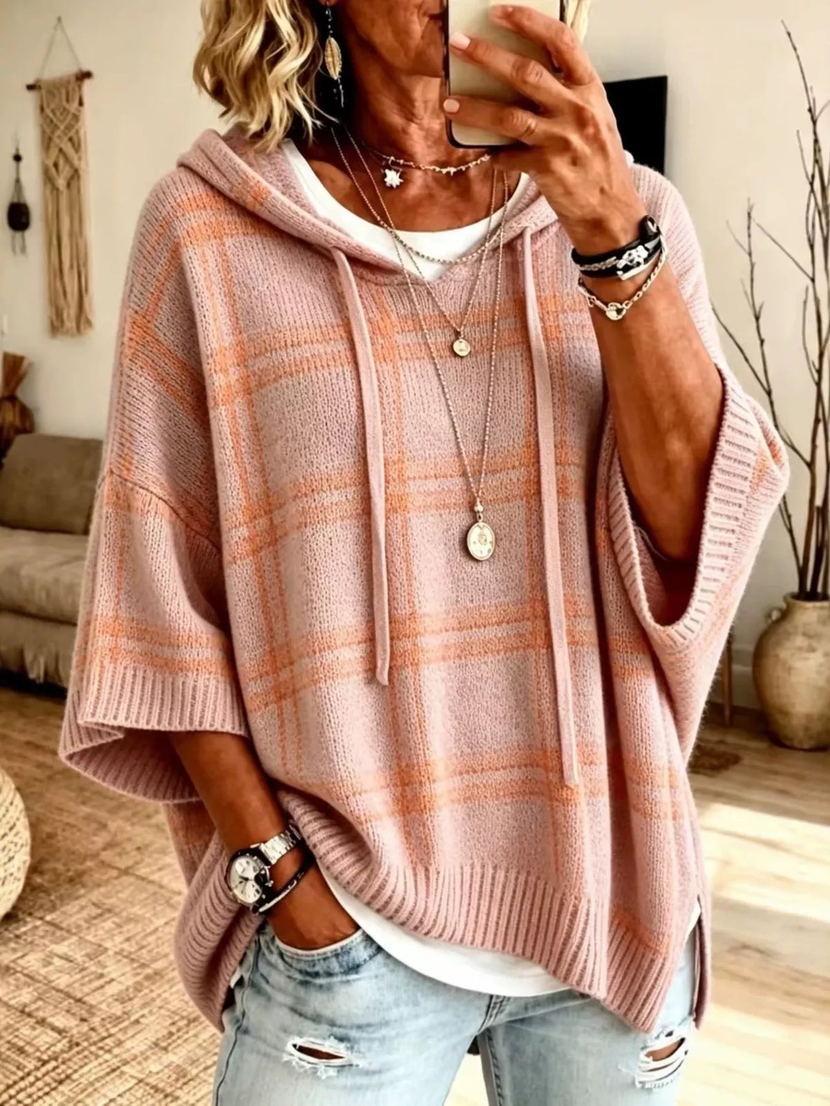 Full Size Drawstring Plaid Hooded Sweater Plus Size