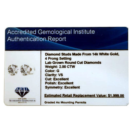 2.00 CTW AGI Certified Lab-Grown Diamond Stud Earrings  | G/VS | USA Handcrafted Fine Jewelry