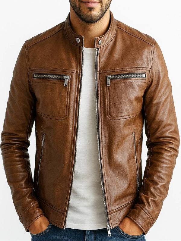 AleX Men's Genuine Brown Leather Jacket
