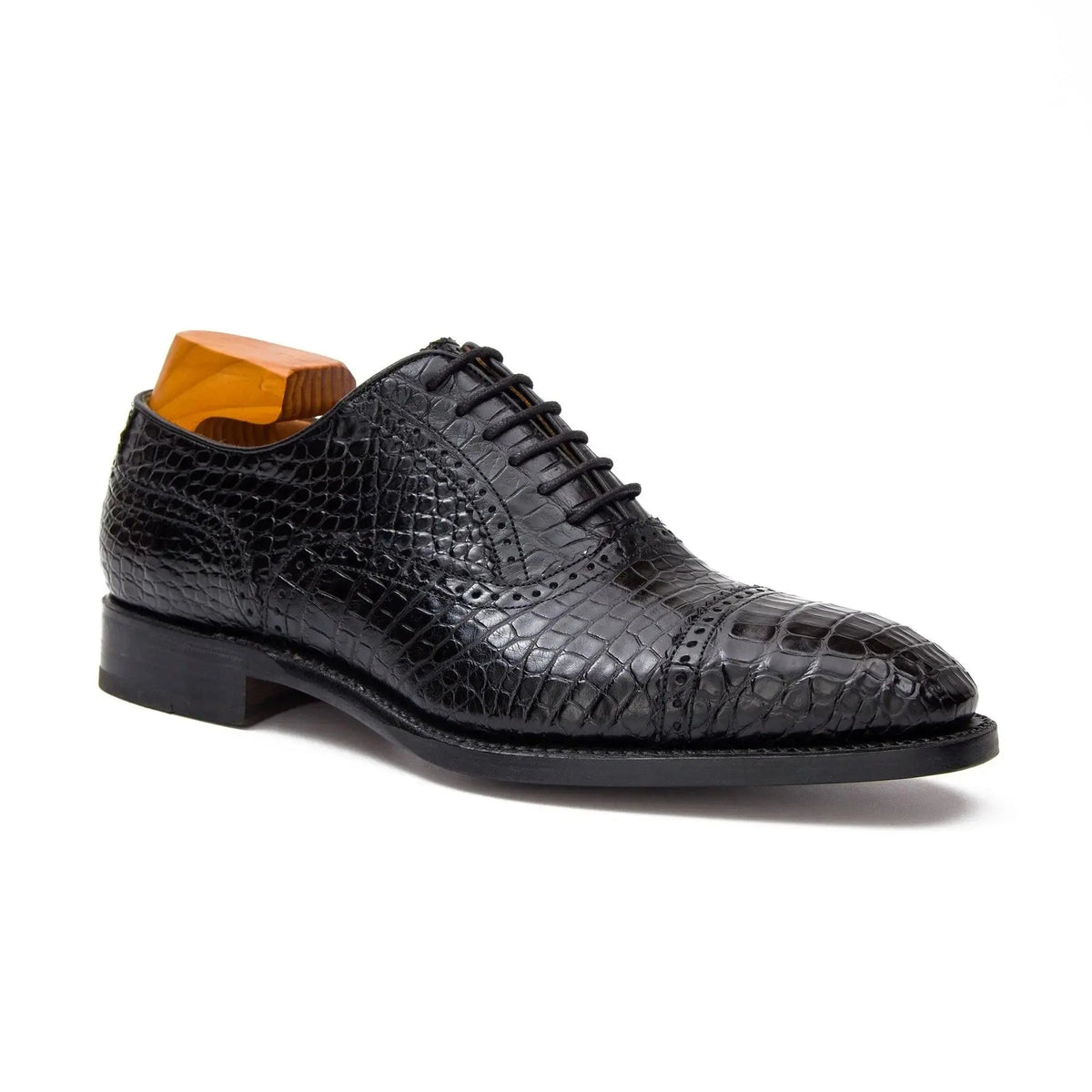 Black Cap-Toe Oxford Shoes with Scale-Pattern Texture
