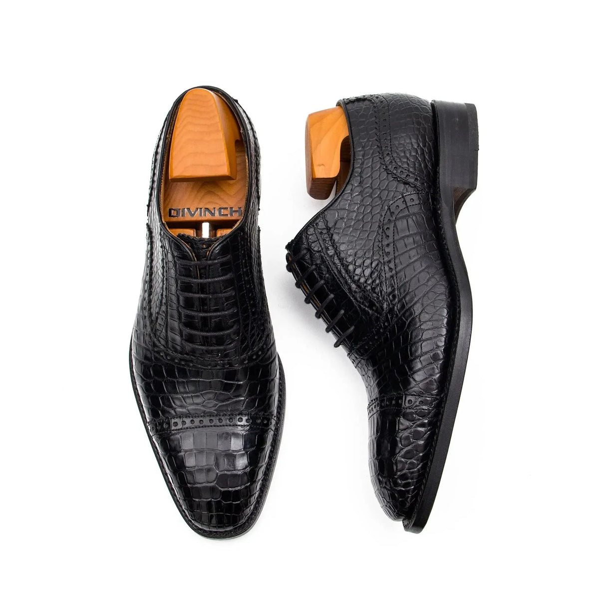 Black Cap-Toe Oxford Shoes with Scale-Pattern Texture
