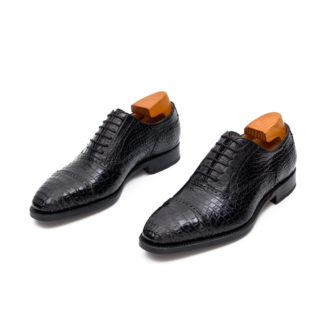 Black Cap-Toe Oxford Shoes with Scale-Pattern Texture