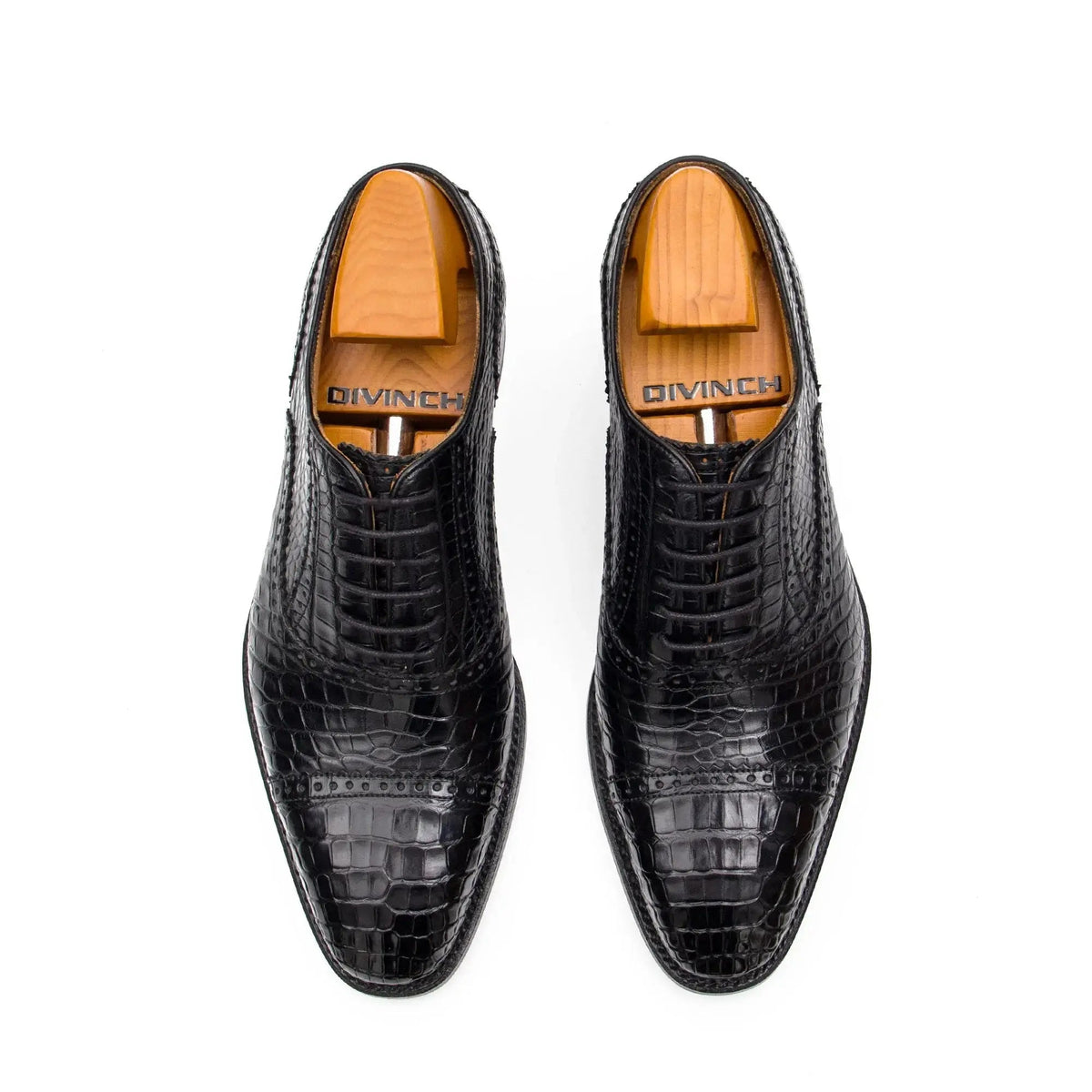 Black Cap-Toe Oxford Shoes with Scale-Pattern Texture