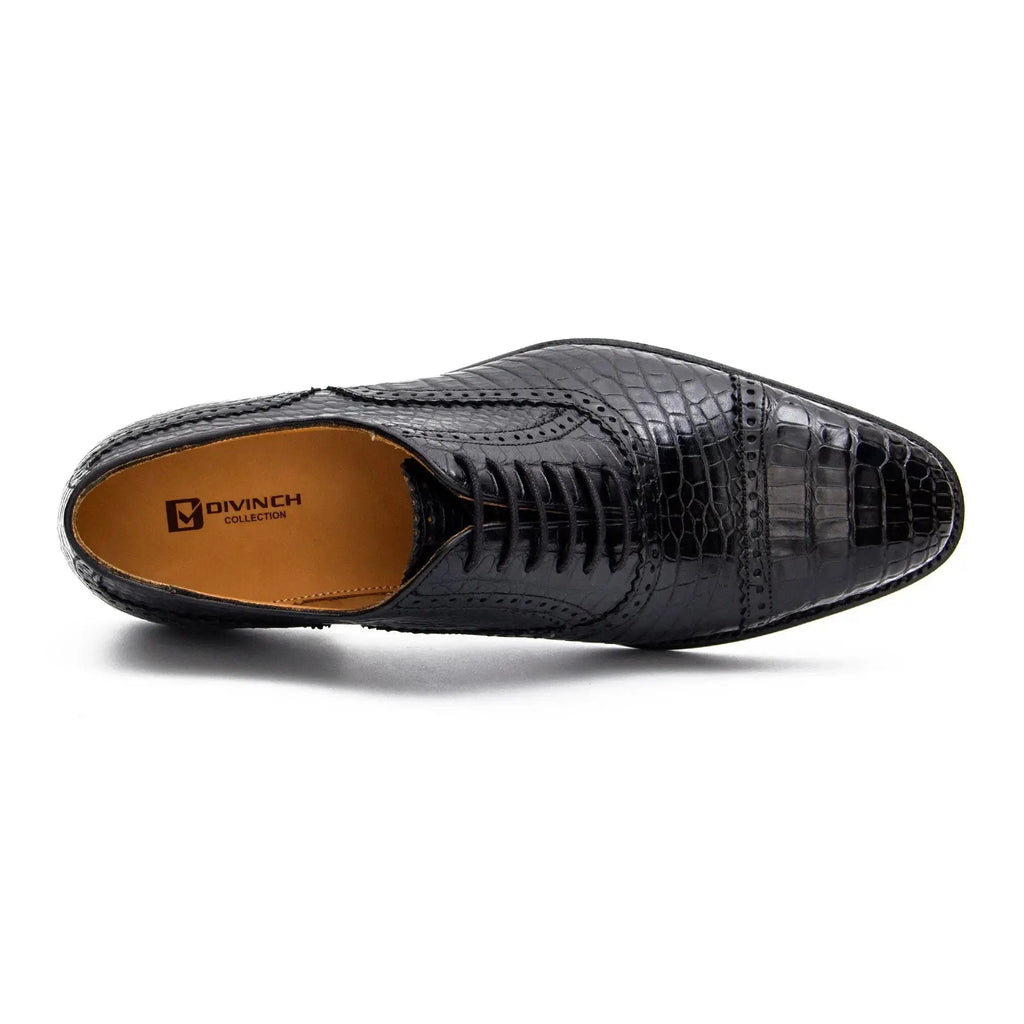Black Cap-Toe Oxford Shoes with Scale-Pattern Texture
