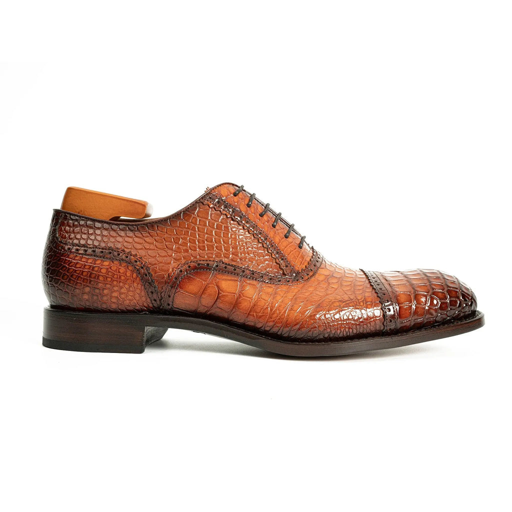 Orange-Brown Cap-Toe Oxford Shoes with Perforated Detail
