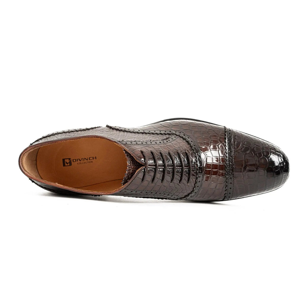 Dark Brown Cap-Toe Oxford Shoes with Perforated Detail