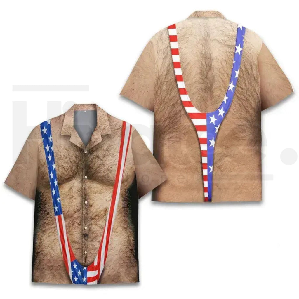 American Flag Funny Hawaiian Shirt for Men – Patriotic Chest Hair Illusion Aloha Shirt
