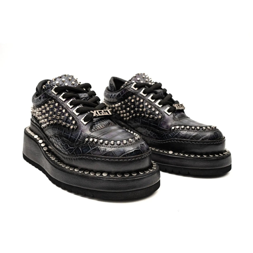 Black Studded Crocodile Leather Platform Sneakers
