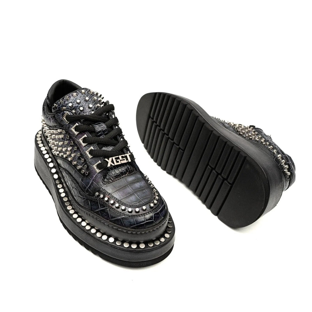Black Studded Crocodile Leather Platform Sneakers