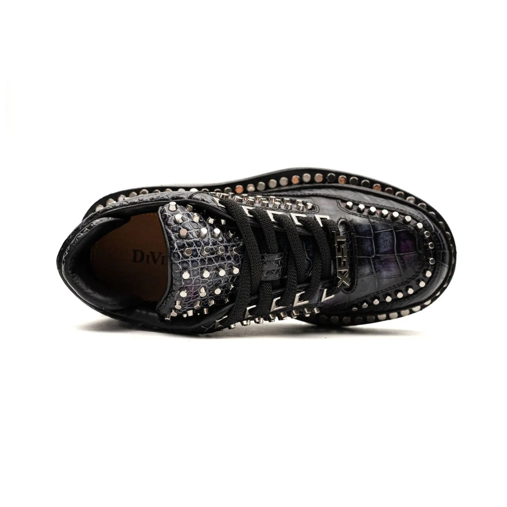 Black Studded Crocodile Leather Platform Sneakers