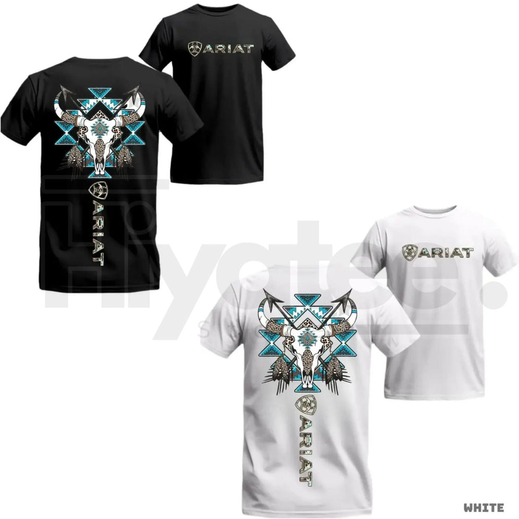 "Ariat Tribal Skull" – Western Bull Skull & Blue Aztec Graphic Top