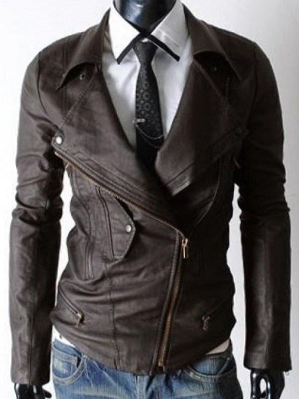 Men's Slim Fit Brown Leather Biker Jacket