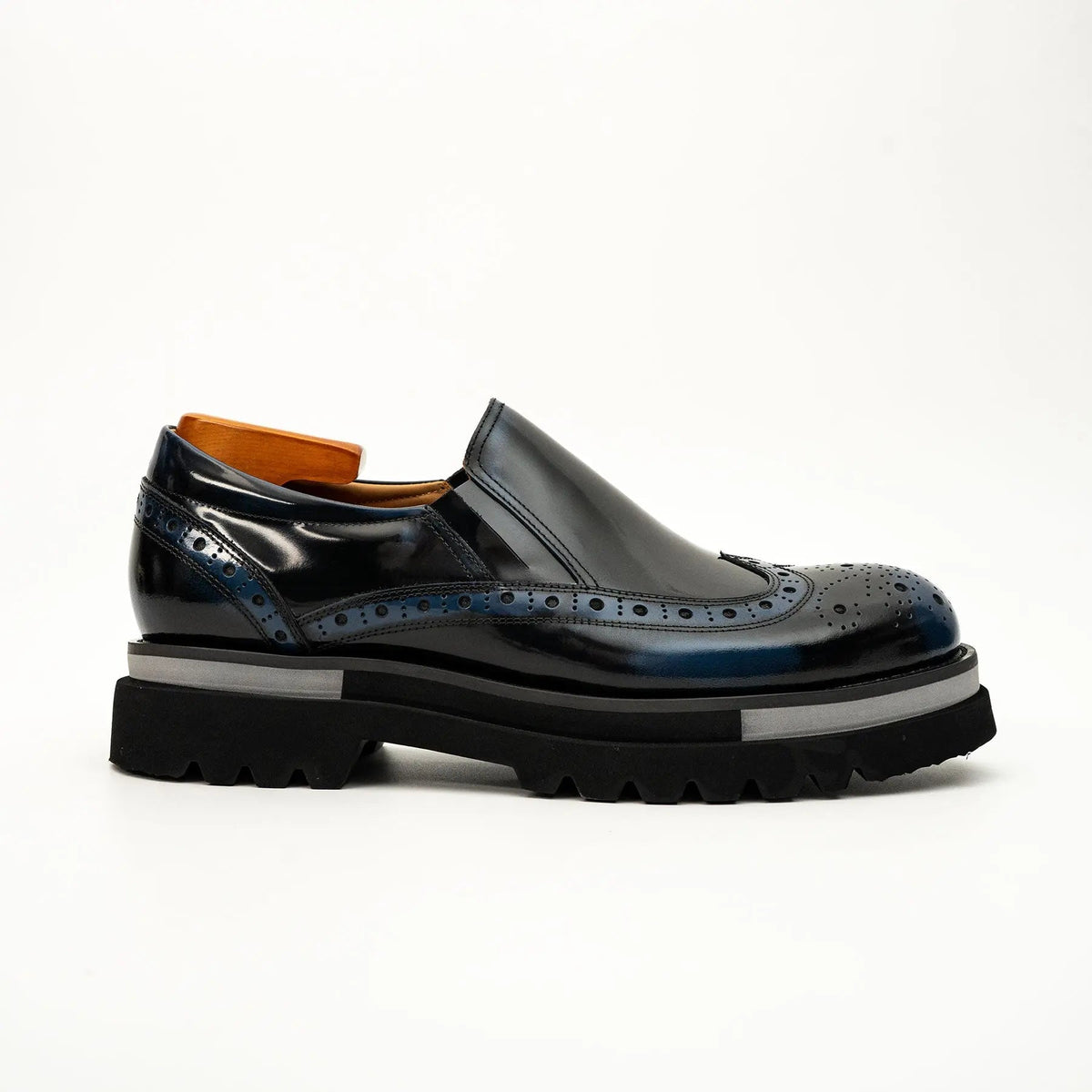 Blue-Black Wingtip Brogue Slip-On Shoes