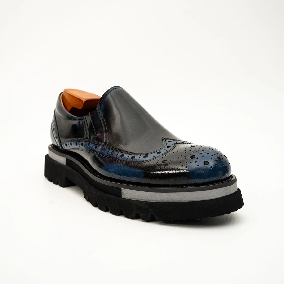 Blue-Black Wingtip Brogue Slip-On Shoes
