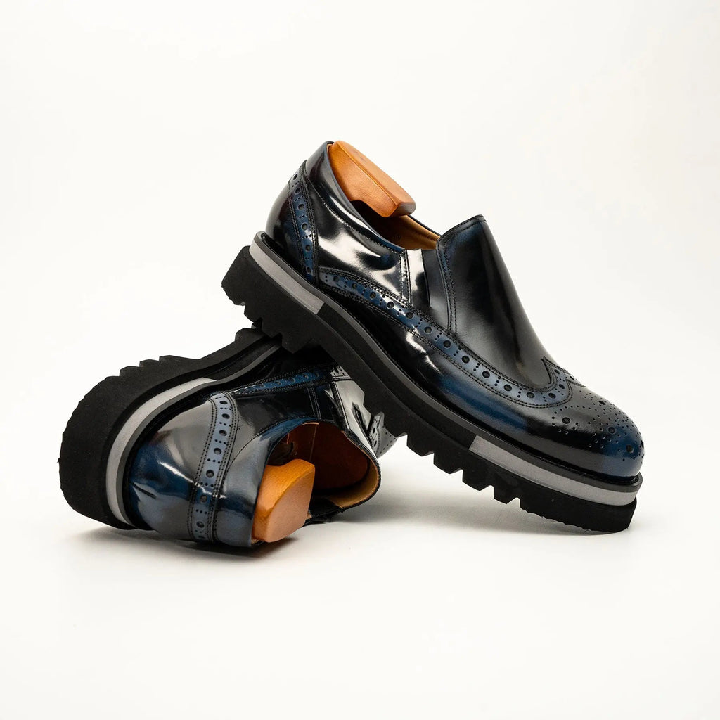 Blue-Black Wingtip Brogue Slip-On Shoes