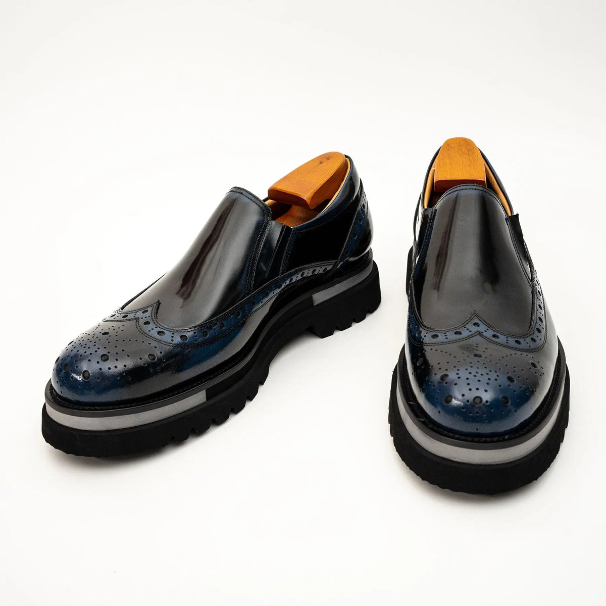Blue-Black Wingtip Brogue Slip-On Shoes