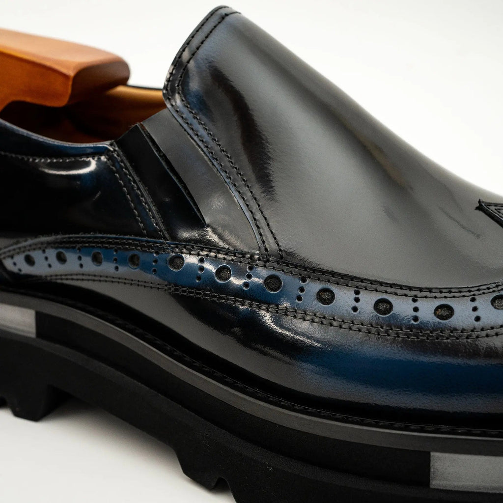 Blue-Black Wingtip Brogue Slip-On Shoes