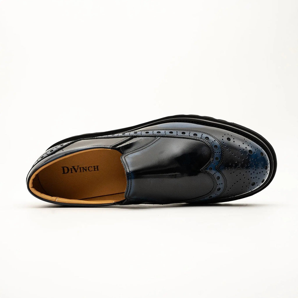 Blue-Black Wingtip Brogue Slip-On Shoes