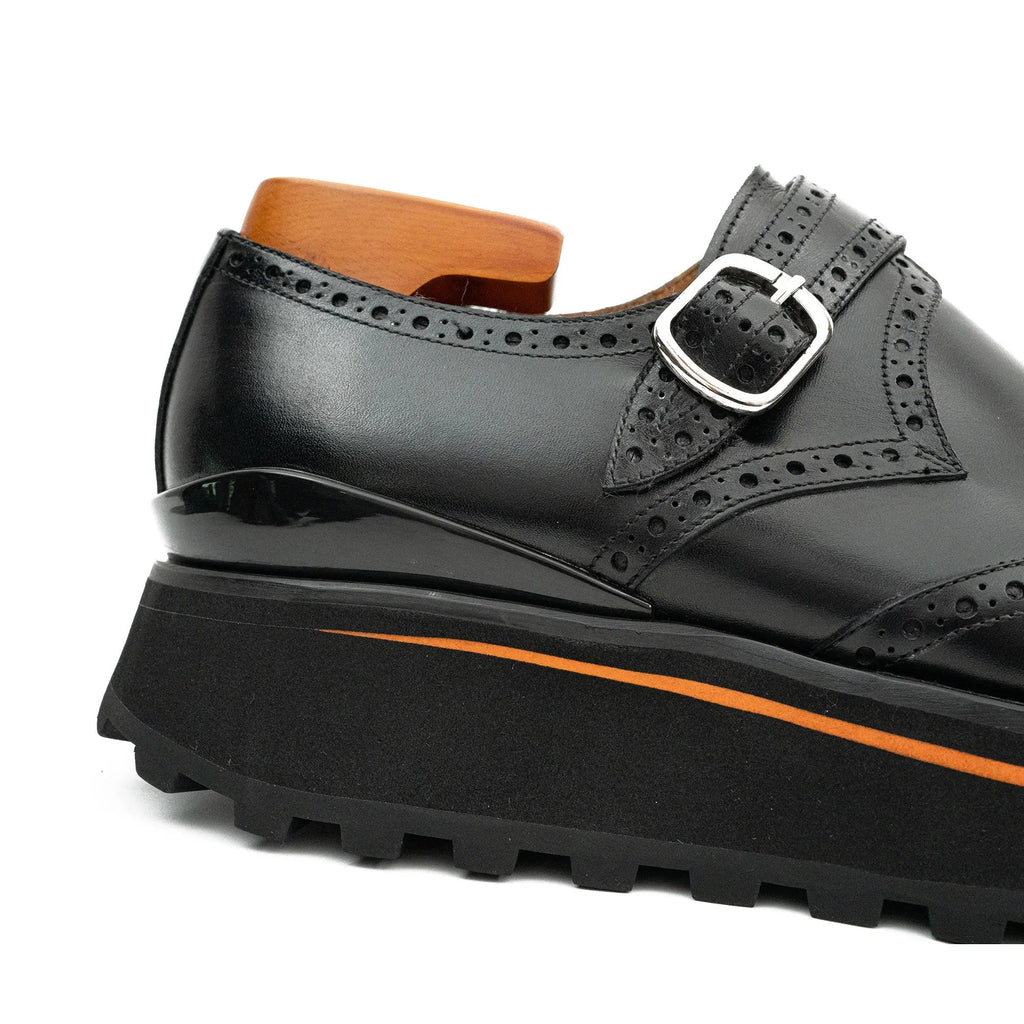 Black Lug Sole Wingtip Buckle Monk Shoe