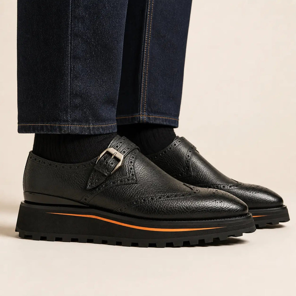Black Wingtip Kangaroo Leather Monk Shoes