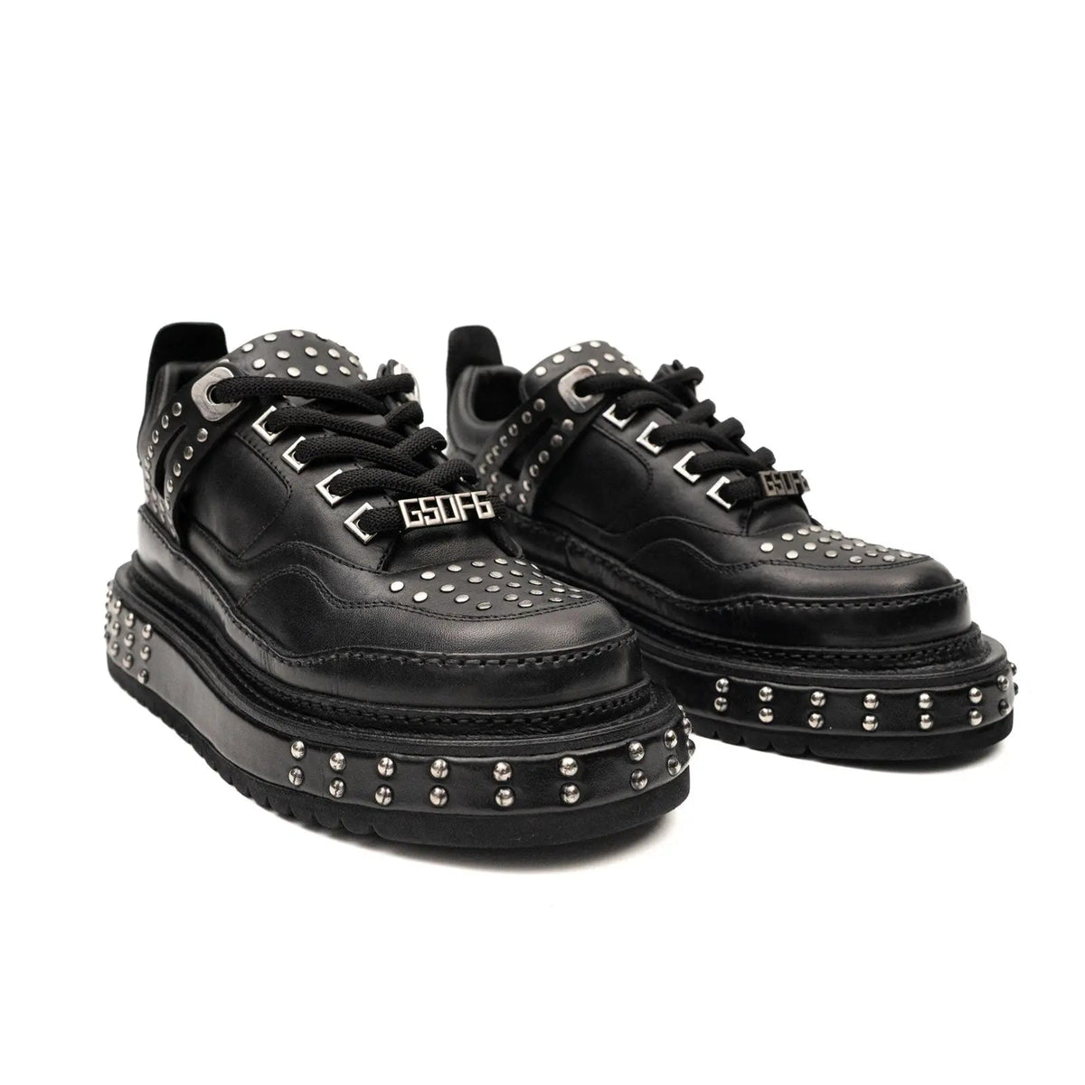 Black Studded Calf Leather Platform Sneakers