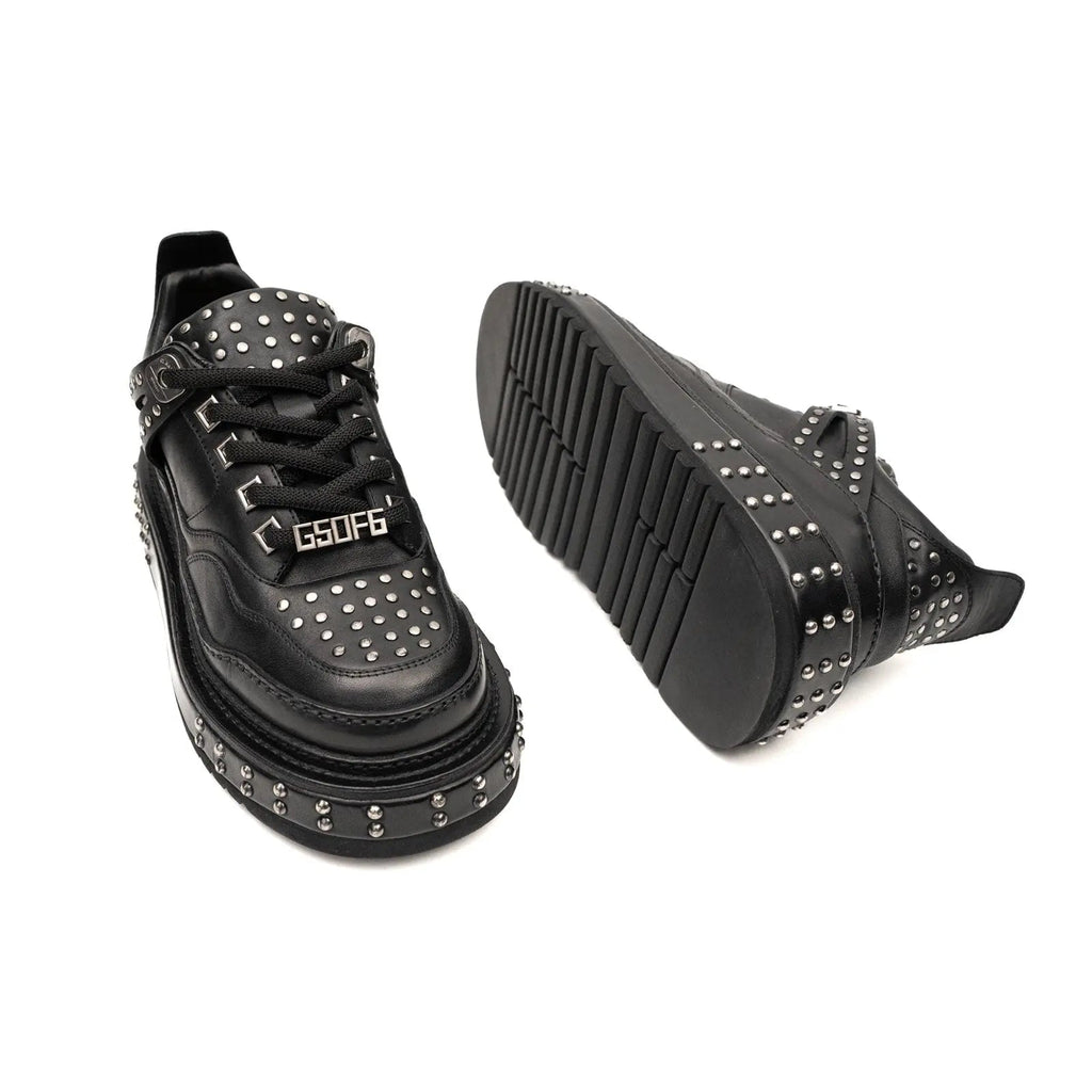 Black Studded Calf Leather Platform Sneakers