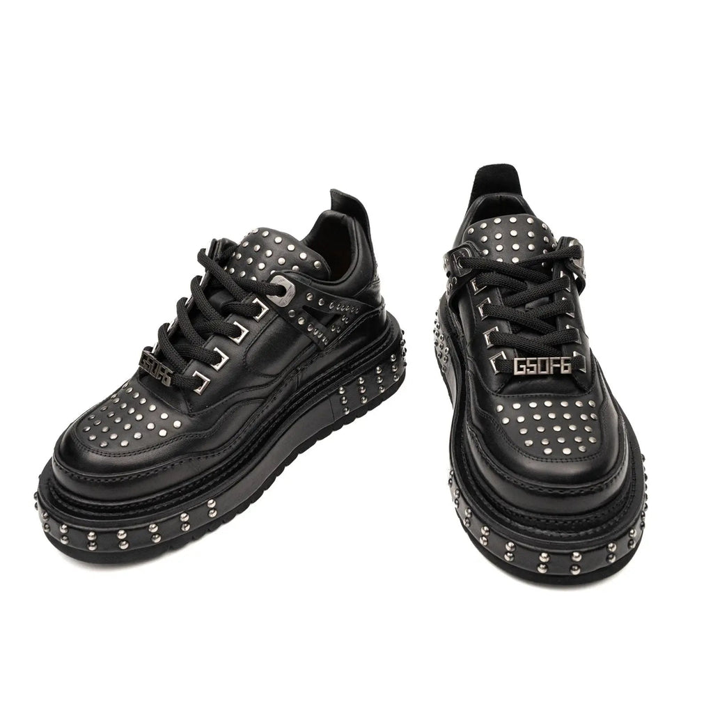 Black Studded Calf Leather Platform Sneakers