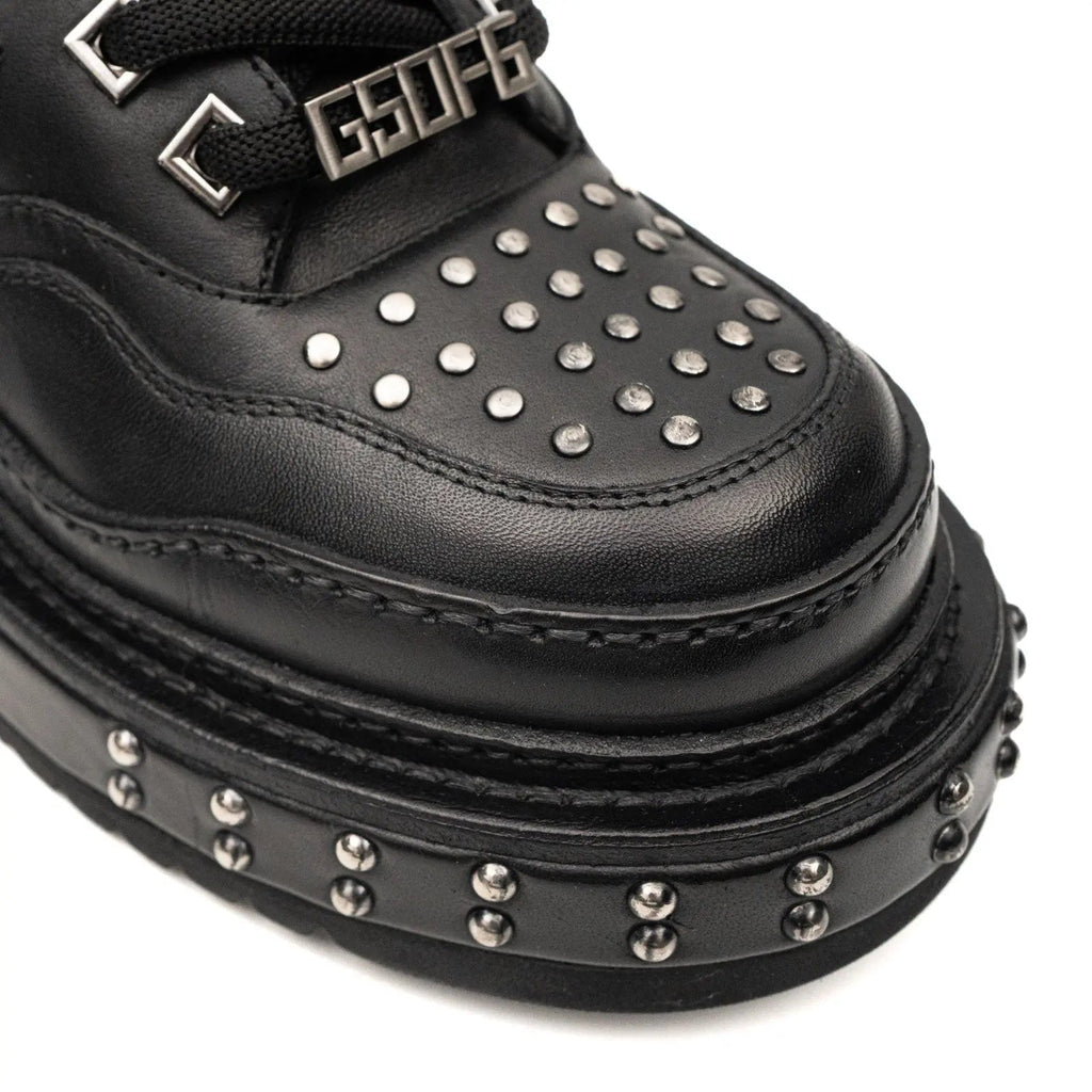 Black Studded Calf Leather Platform Sneakers