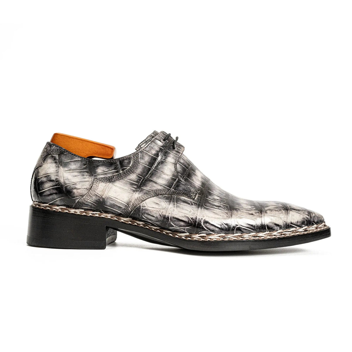 Silver-Black Crocodile Leather Derby Shoes