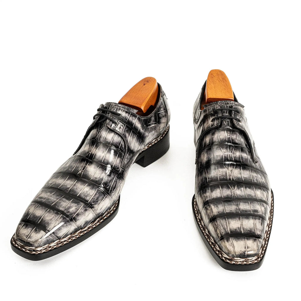 Silver-Black Crocodile Leather Derby Shoes