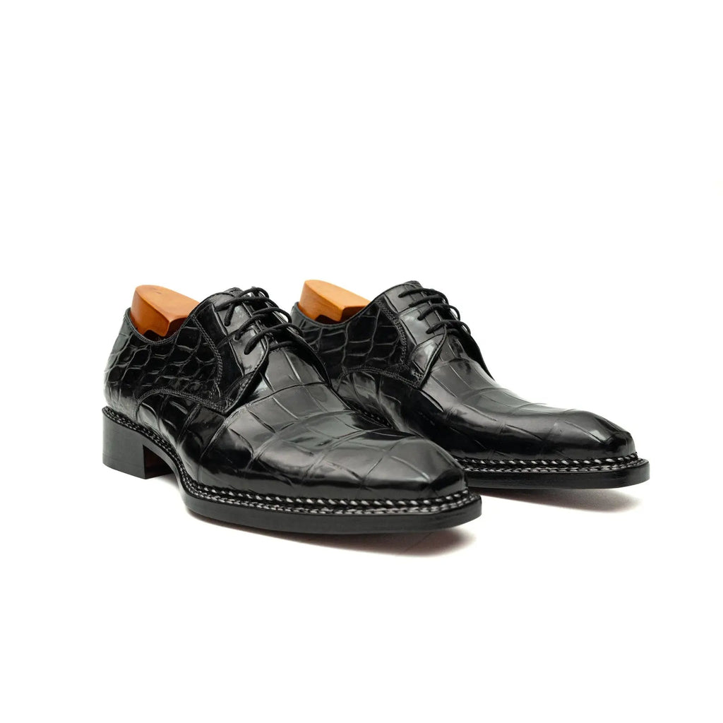 Black Square-Toe Crocodile Leather Derby Shoes