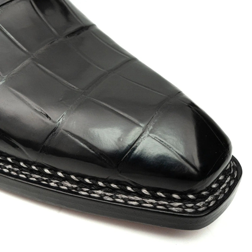 Black Square-Toe Crocodile Leather Derby Shoes