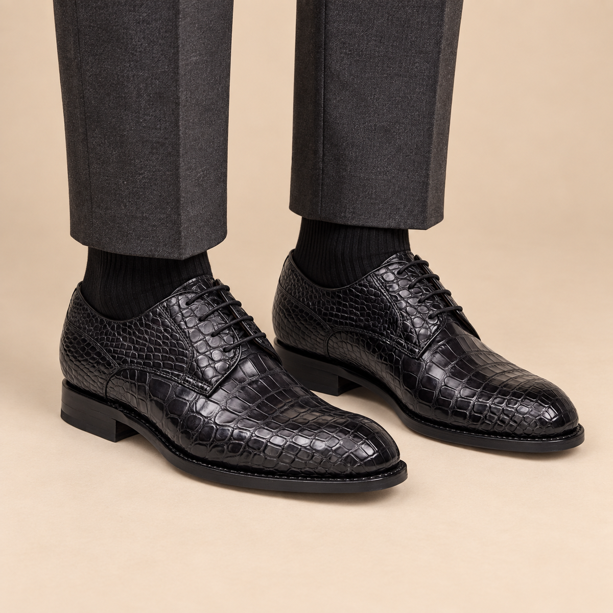 Black Crocodile Leather Derby Shoes