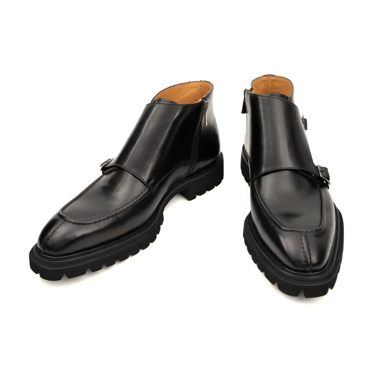 Black Calf Leather Buckle Ankle Boots