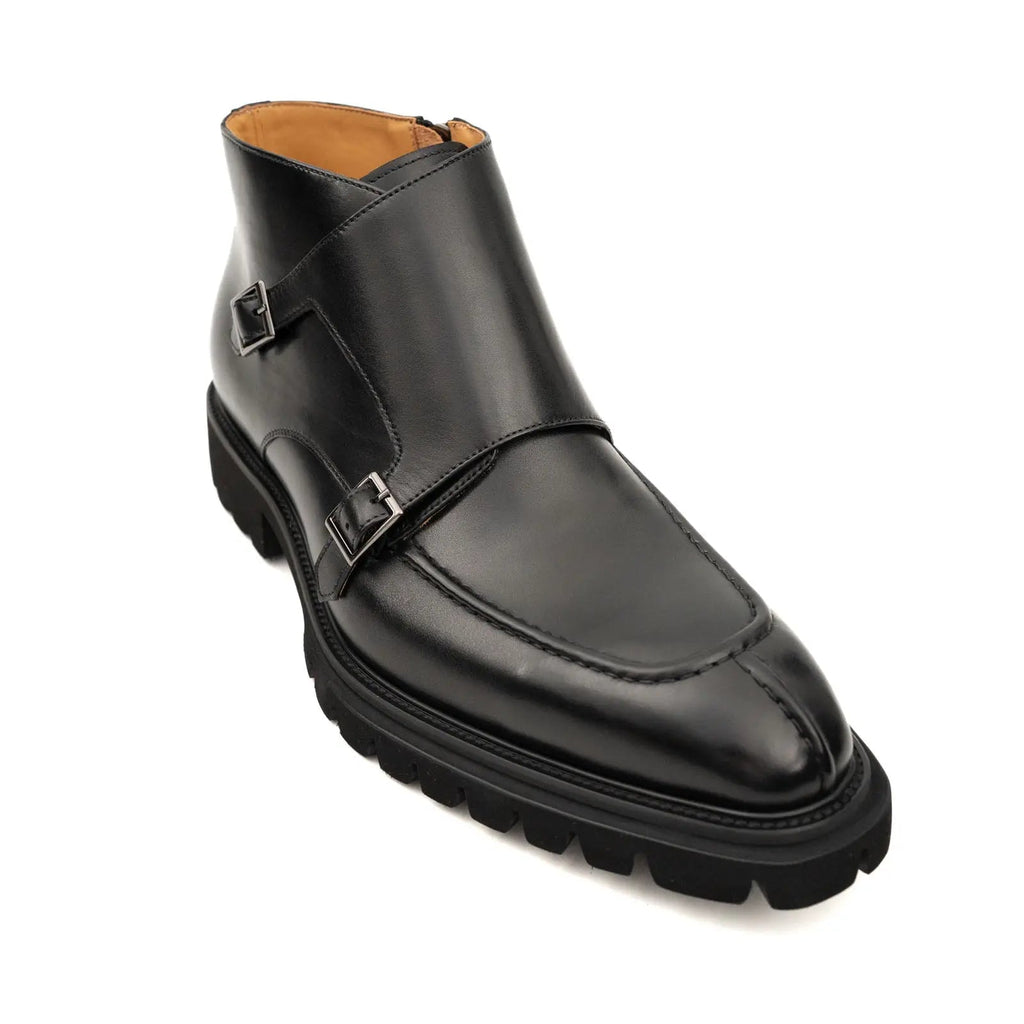 Black Calf Leather Buckle Ankle Boots