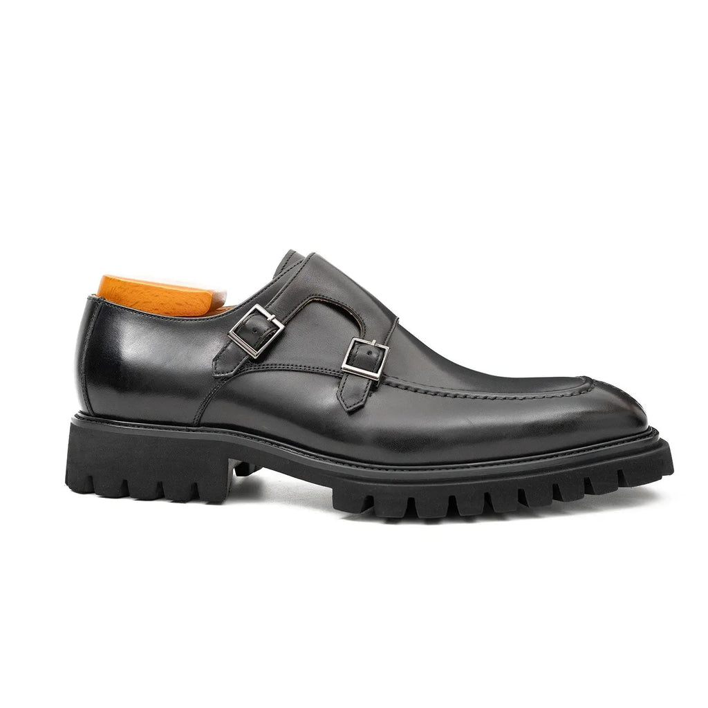 Black Apron-Toe Double Monk Strap Shoes with Lug Sole