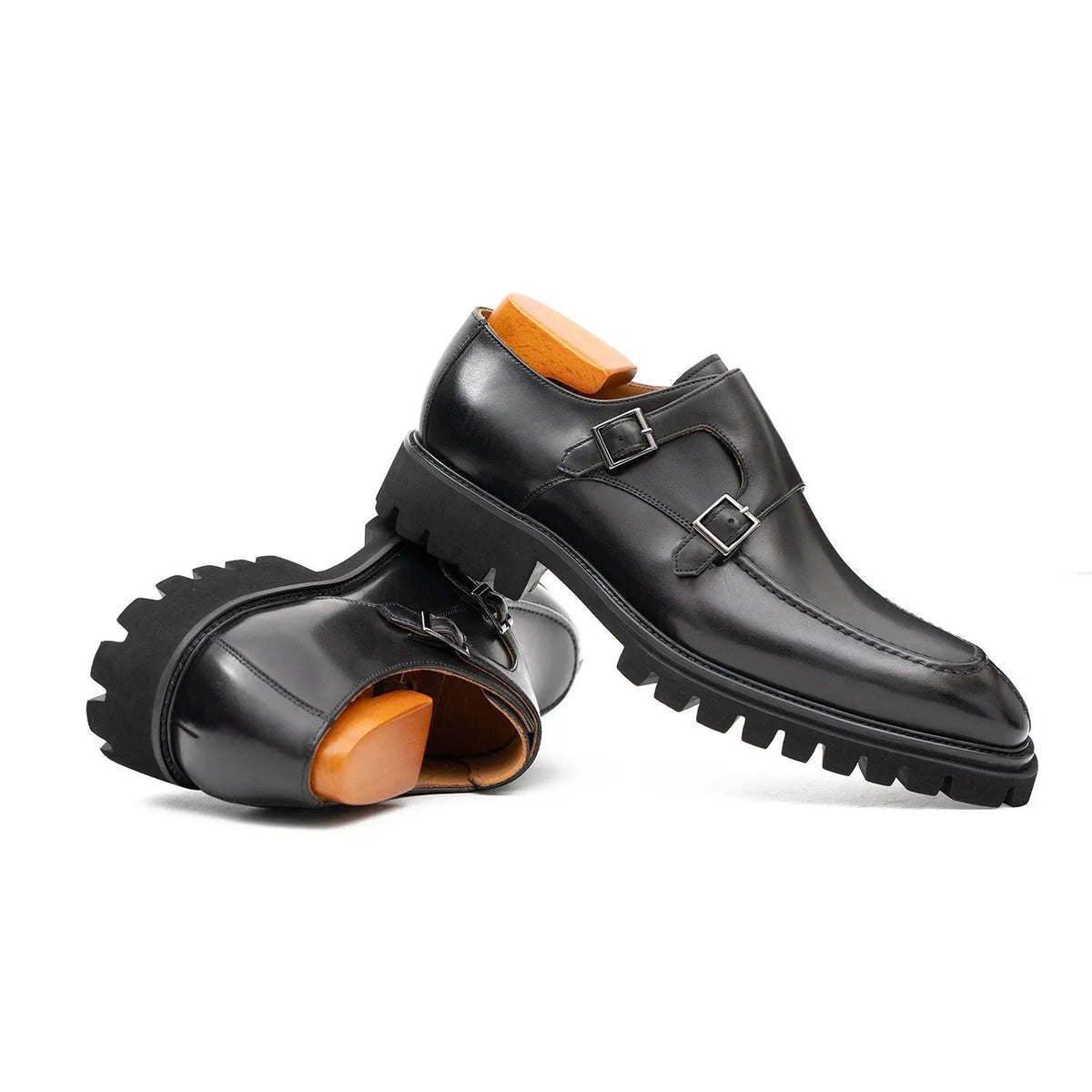 Black Apron-Toe Double Monk Strap Shoes with Lug Sole