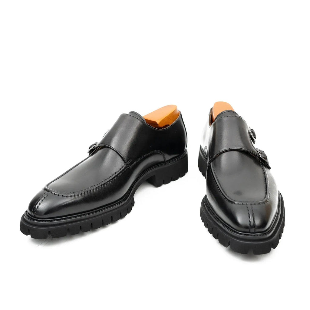 Black Apron-Toe Double Monk Strap Shoes with Lug Sole