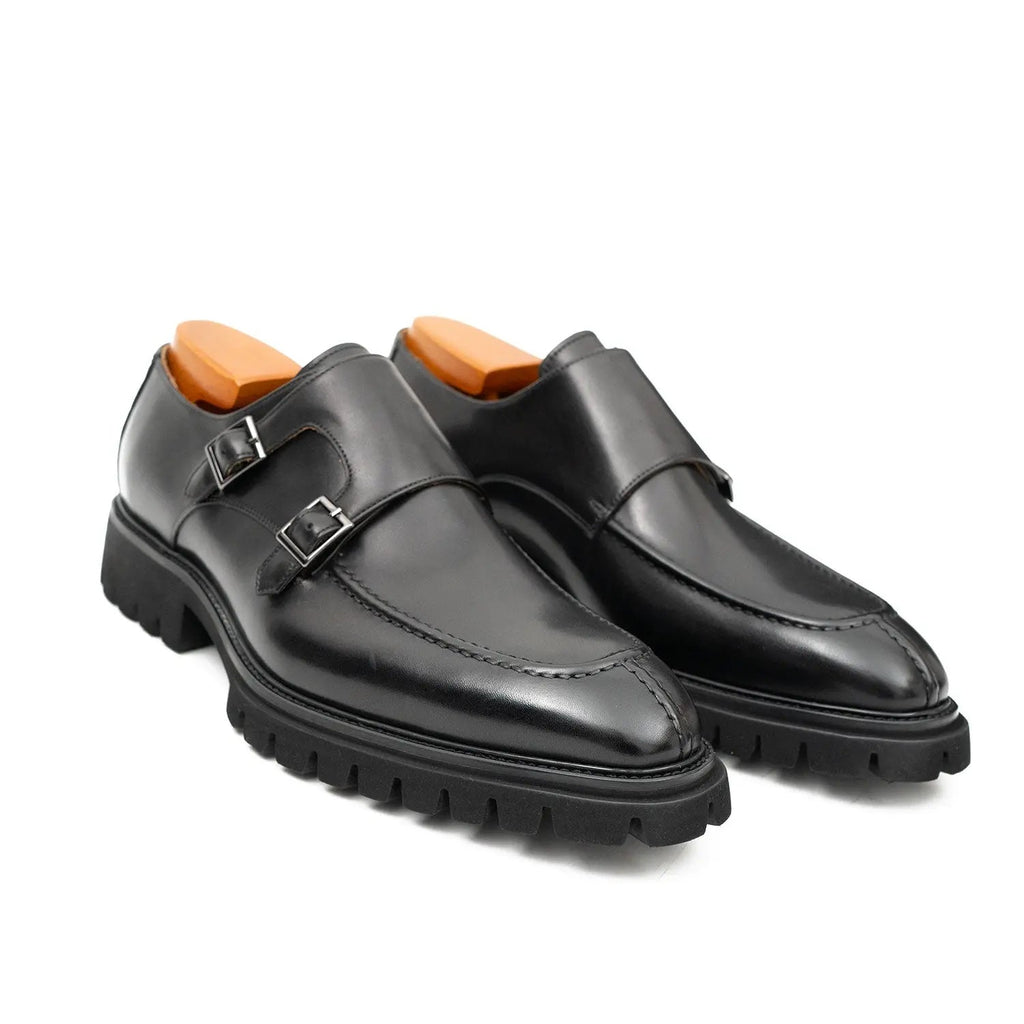 Black Apron-Toe Double Monk Strap Shoes with Lug Sole