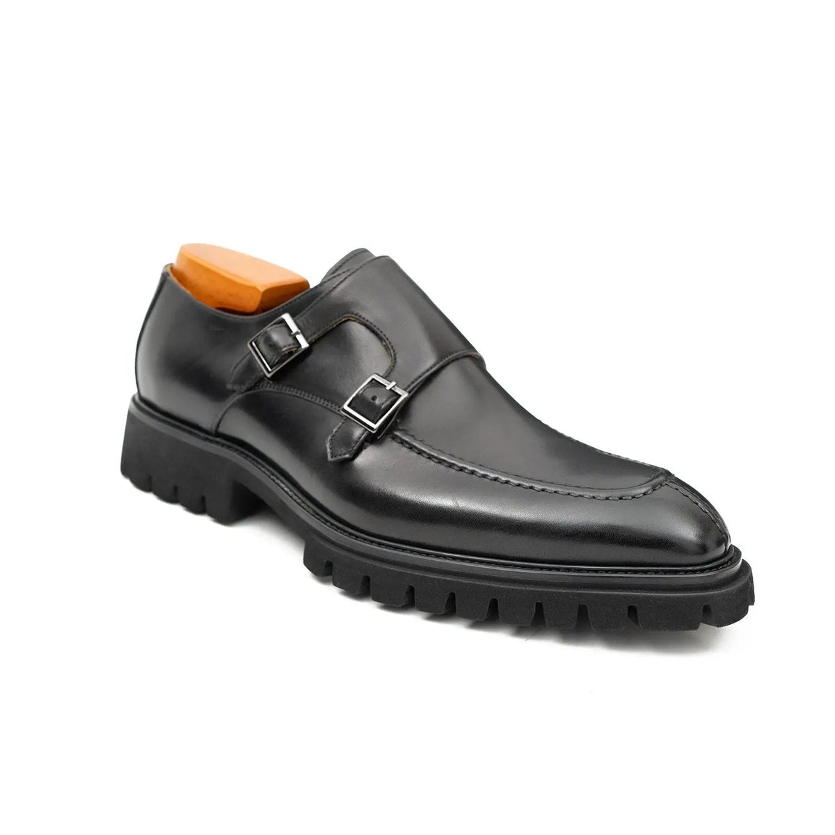 Black Apron-Toe Double Monk Strap Shoes with Lug Sole