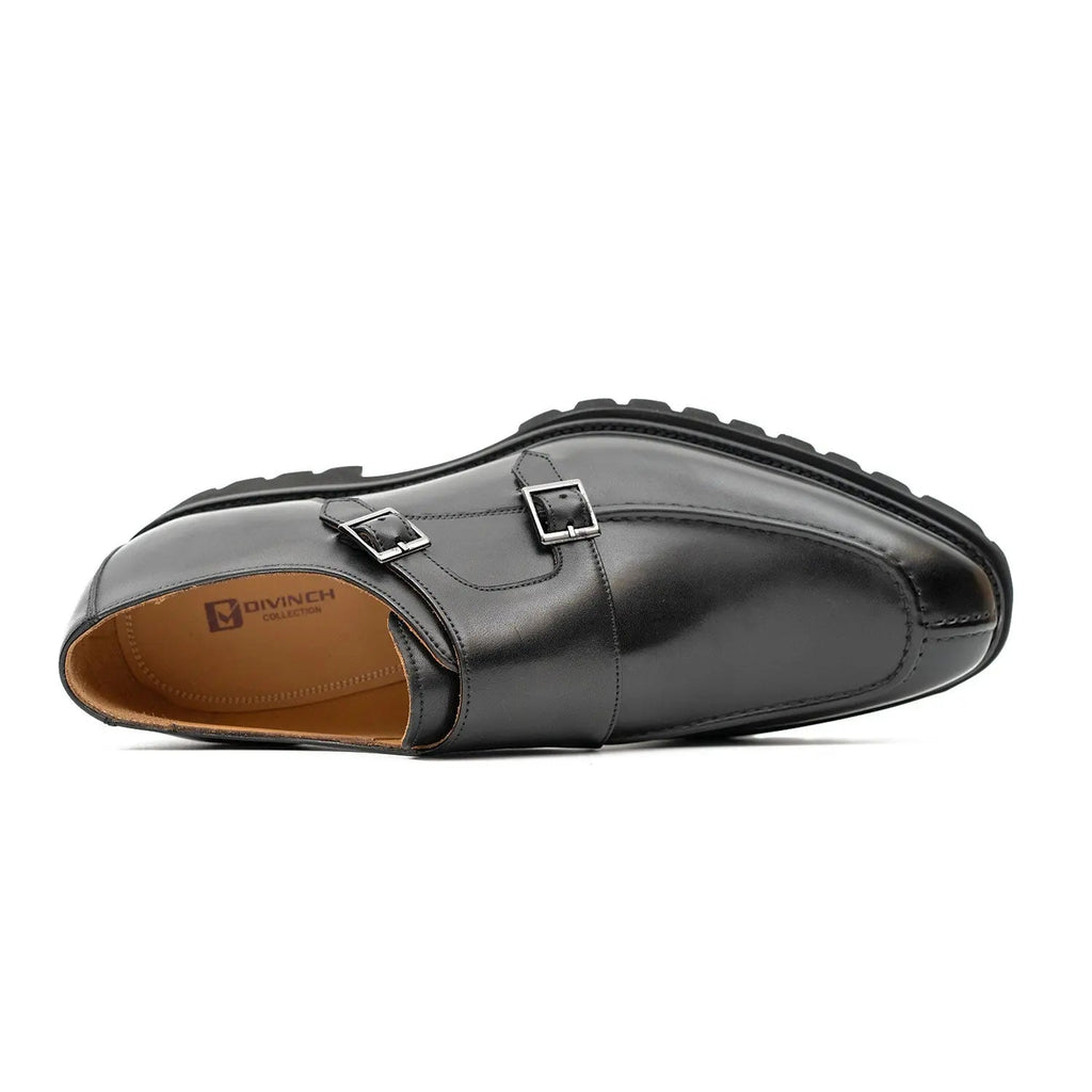 Black Apron-Toe Double Monk Strap Shoes with Lug Sole