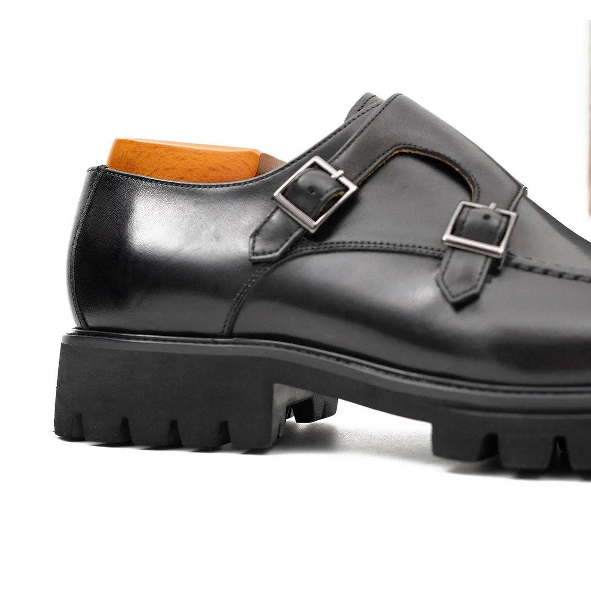 Black Apron-Toe Double Monk Strap Shoes with Lug Sole