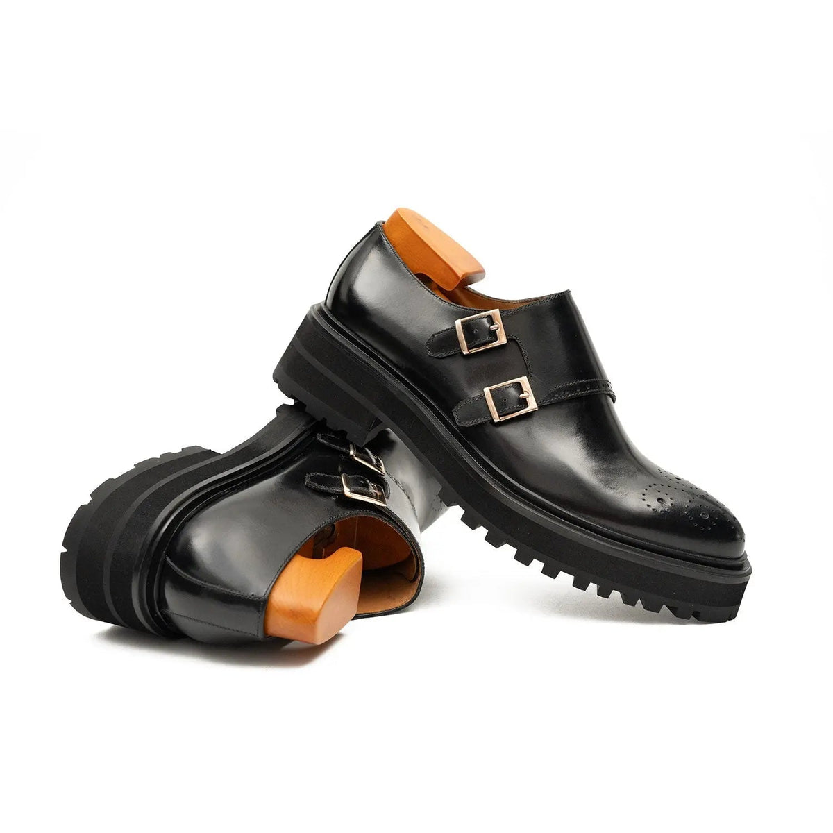 Black Calf Leather Monk Shoes