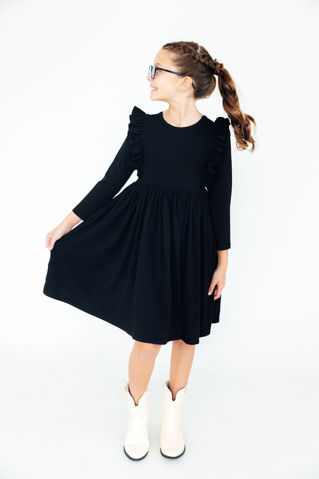 Black L/S Ruffle Twirl Dress