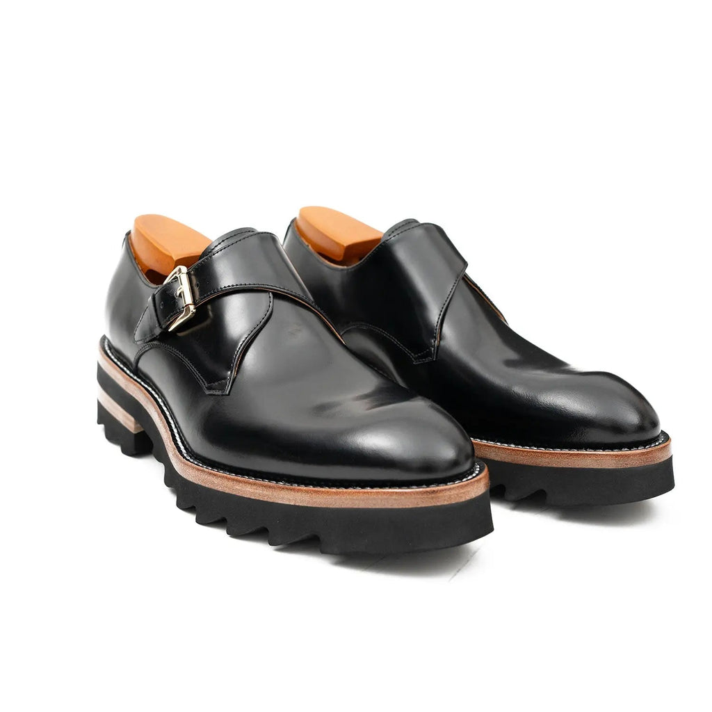 Black Plain-Toe Calf Leather Monk Shoes